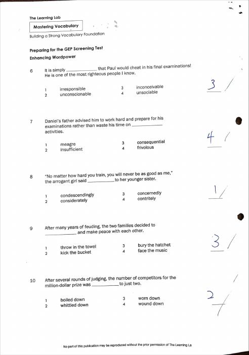 GEP General English Materials: Paper 1, page 2, Questions with answers filled in.