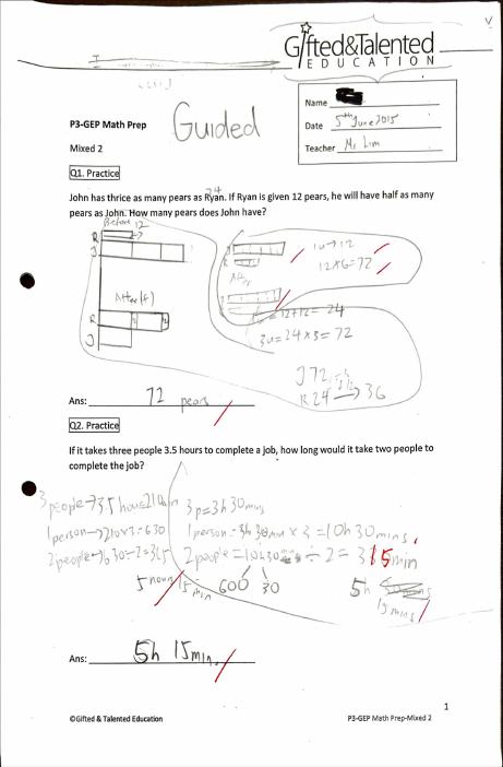 A scanned GEP math paper with the working written in by hand